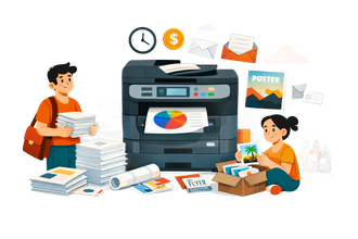 Two people near a printer, surrounded by papers, ink, and printed materials.