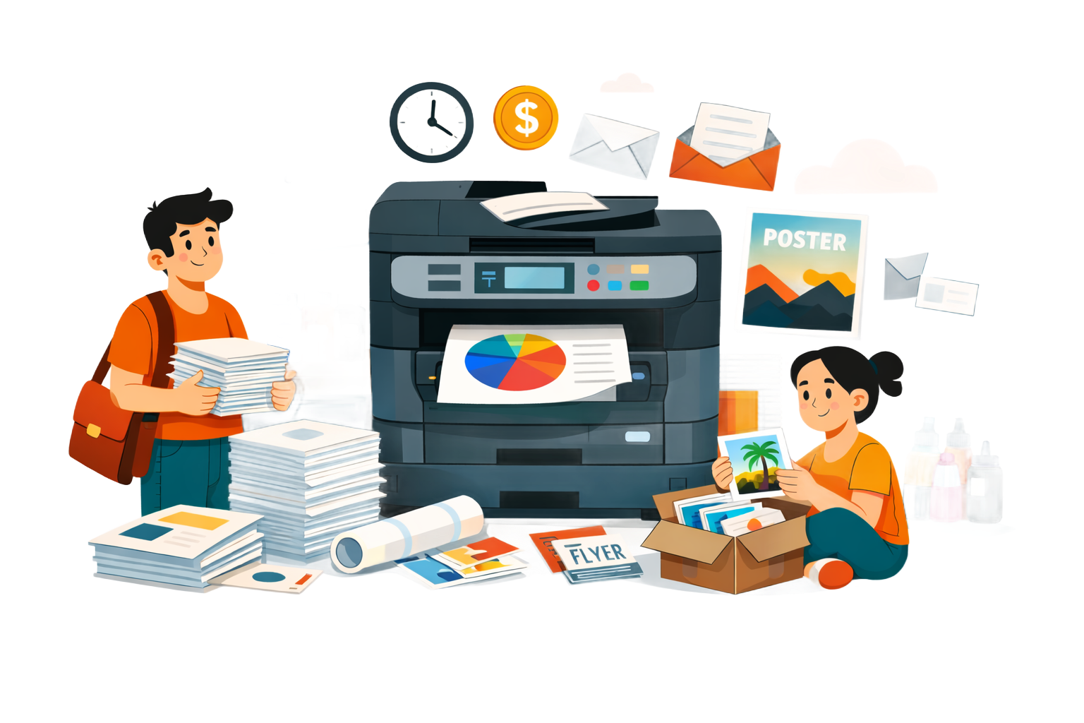 Two people organizing printed materials near a color printer, office setting.