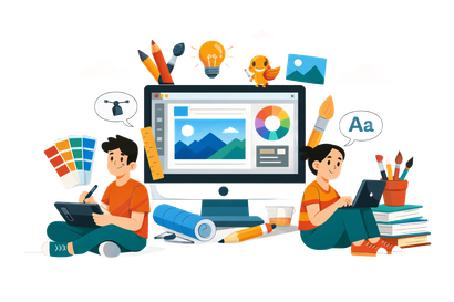 Two people, each using design tools, with a computer displaying a design program and creative assets.