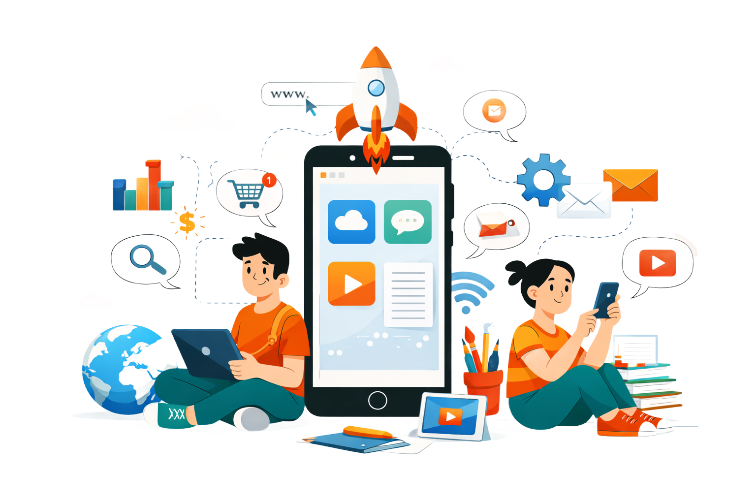 Two people with devices, a phone with a rocket, and app icons indicating technology and online business.