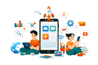 People using mobile devices surrounded by app icons, a rocket, and global data.