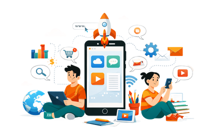 Two people with devices, a phone with a rocket, and app icons indicating technology and online business.