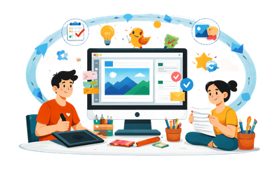 Two people working on a project at a desk with a computer, surrounded by design elements and icons.