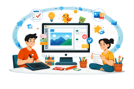 Two kids using a desktop computer for drawing and design, with colorful app icons around them