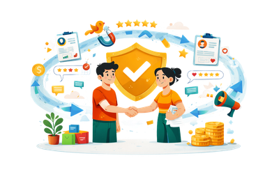 Two people shaking hands, surrounded by symbols of trust, feedback, and financial success.