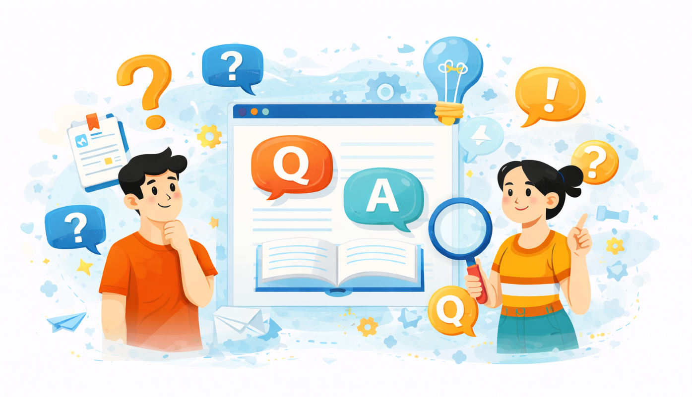 Two people examining a document with questions, answers, and a lightbulb; online Q&A session concept.