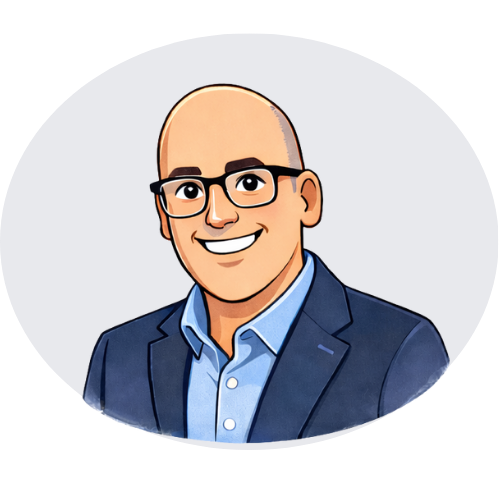 Smiling bald man wearing glasses, blue shirt, and navy blazer.