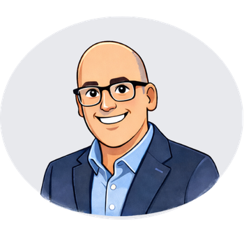 Smiling bald man wearing glasses, blue shirt, and navy blazer.