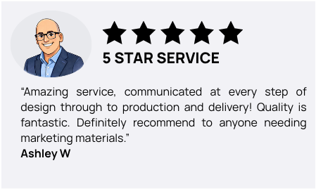 Customer review with 5 stars, portrait, and text: