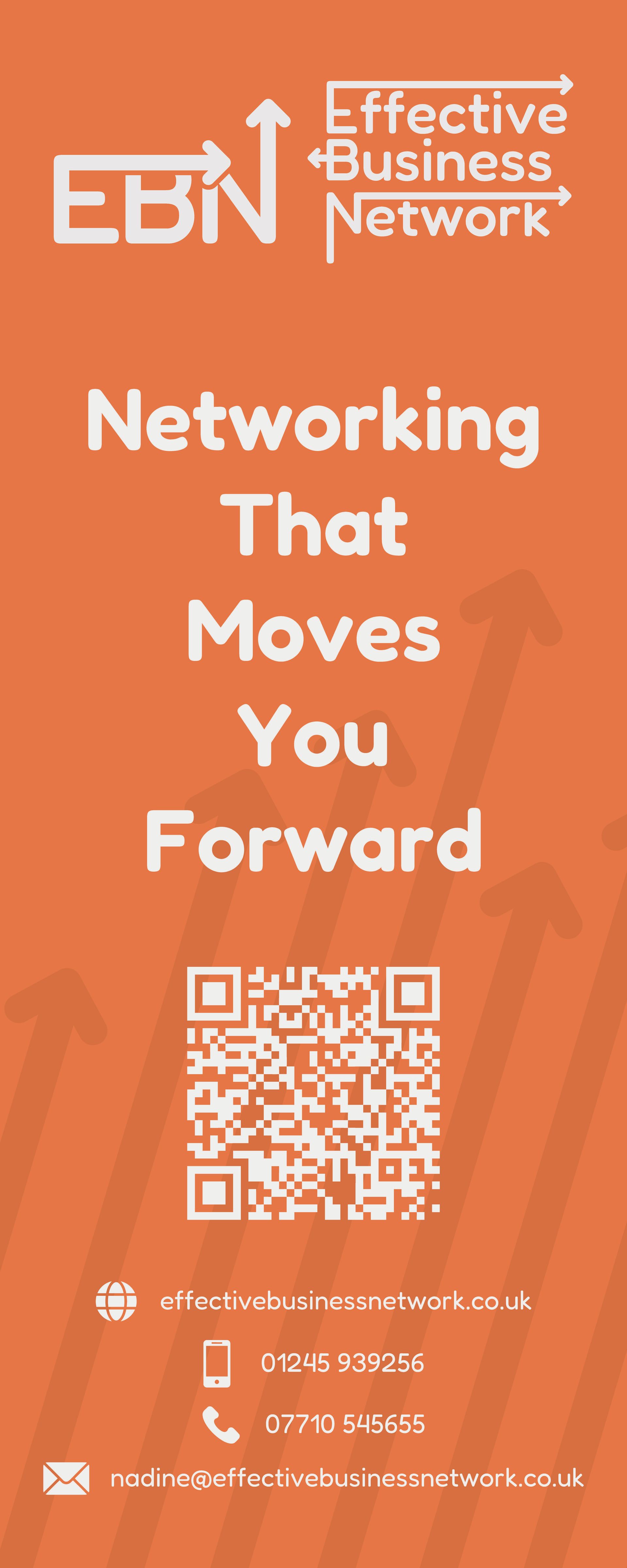 Orange flyer for Effective Business Network with text, a QR code, and contact info.