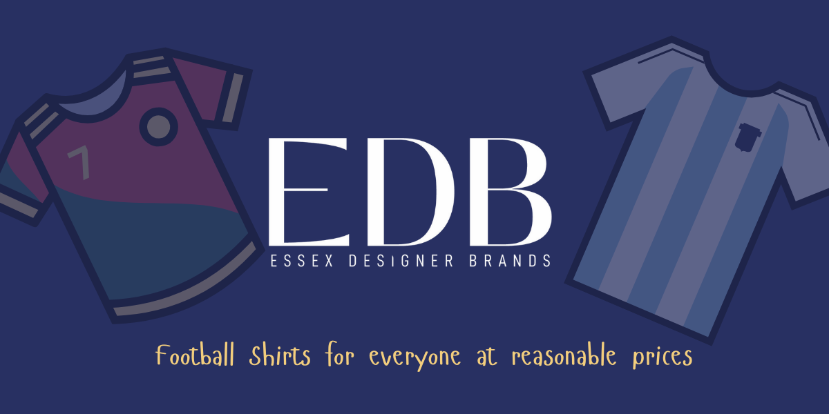 Dark blue banner with soccer jerseys and text for 