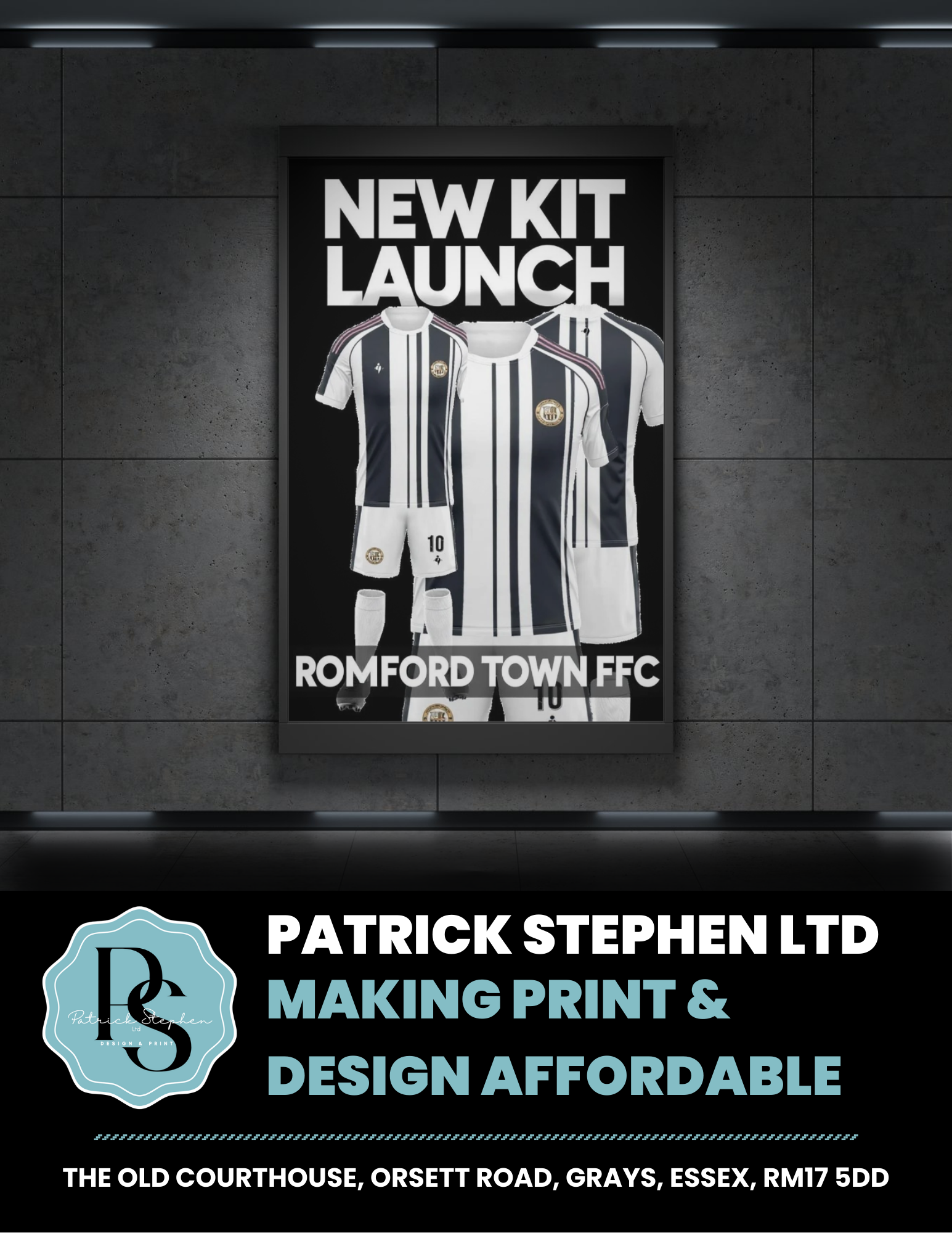 Poster advertising the launch of a new Romford Town FFC kit, by Patrick Stephen Ltd.