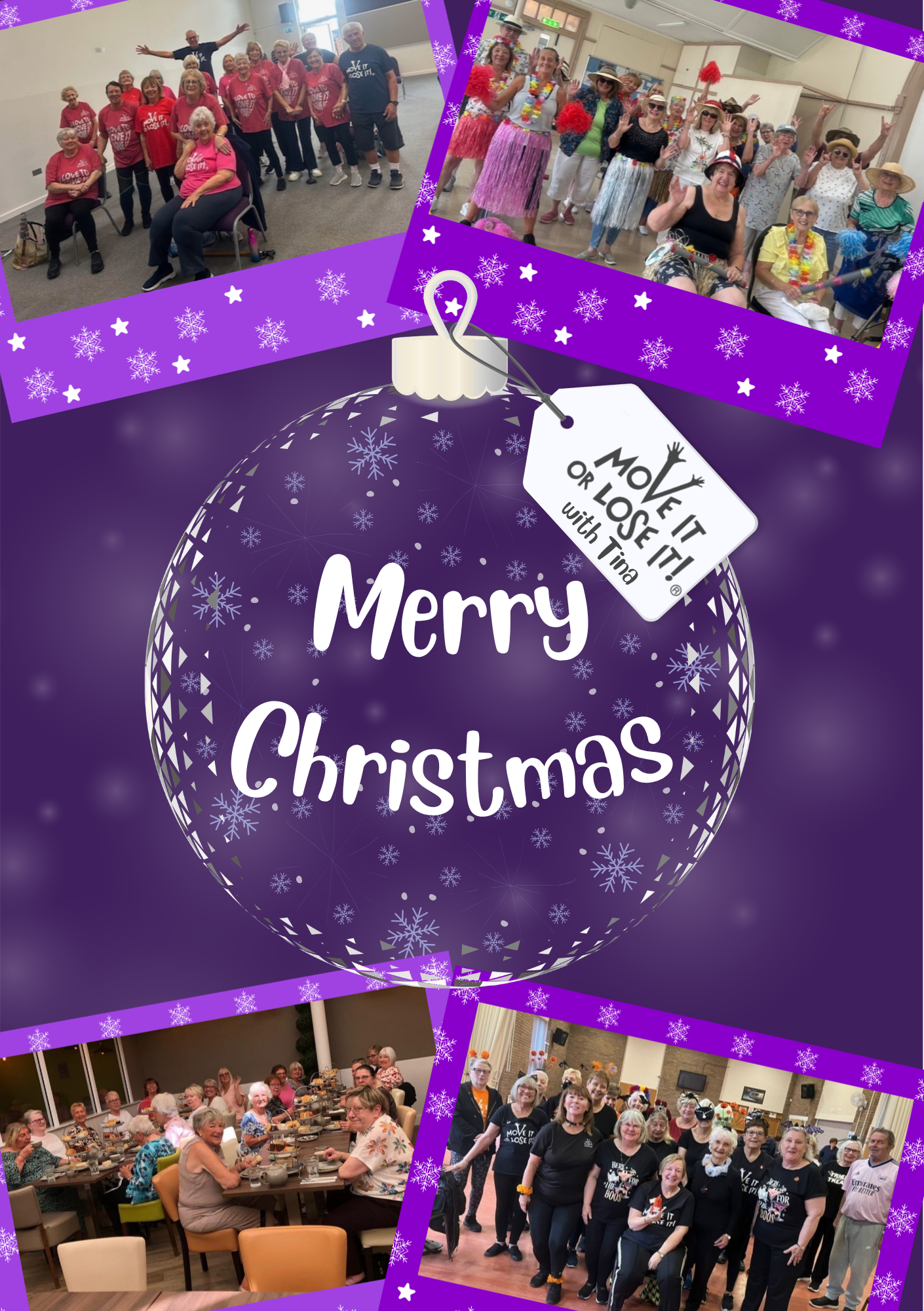 A purple Christmas-themed collage of four group photos featuring people in fitness classes and social gatherings.