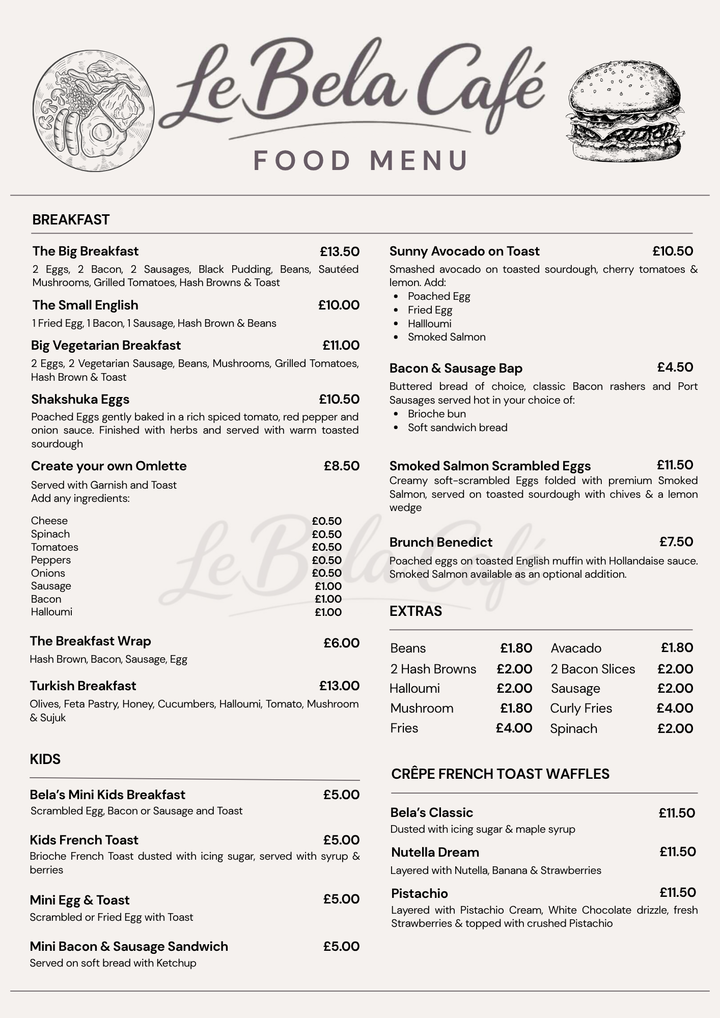 Le Bela Café food menu on a white background with black text and small food illustrations