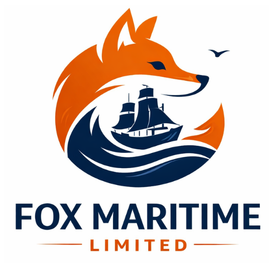 Logo of Fox Maritime Limited: Orange fox head above a blue ship sailing on waves; a small bird flies above.