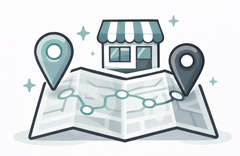 Map with path, shop, and location markers.