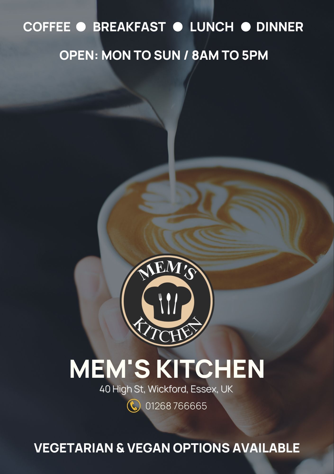 Coffee cup with latte art; restaurant flyer for Mem's Kitchen, open 8am-5pm, with vegetarian & vegan options.
