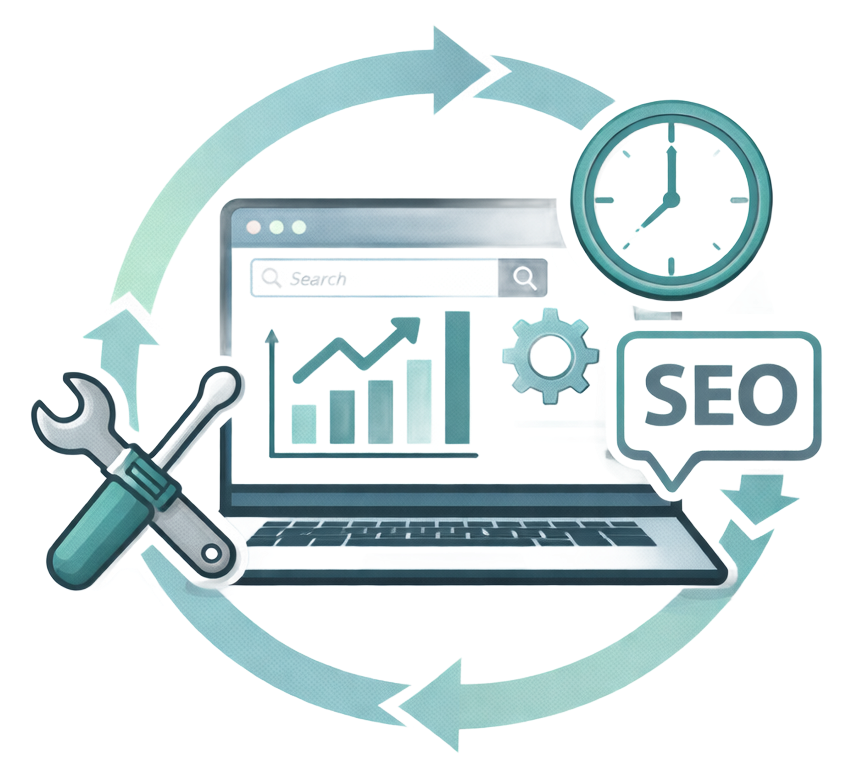 SEO analytics illustration with laptop dashboard, gears, tools, arrows, and clock
