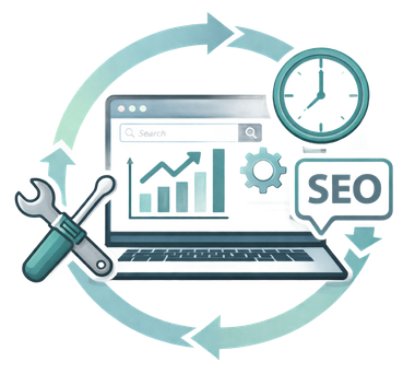 SEO analytics illustration with laptop dashboard, gears, tools, arrows, and clock