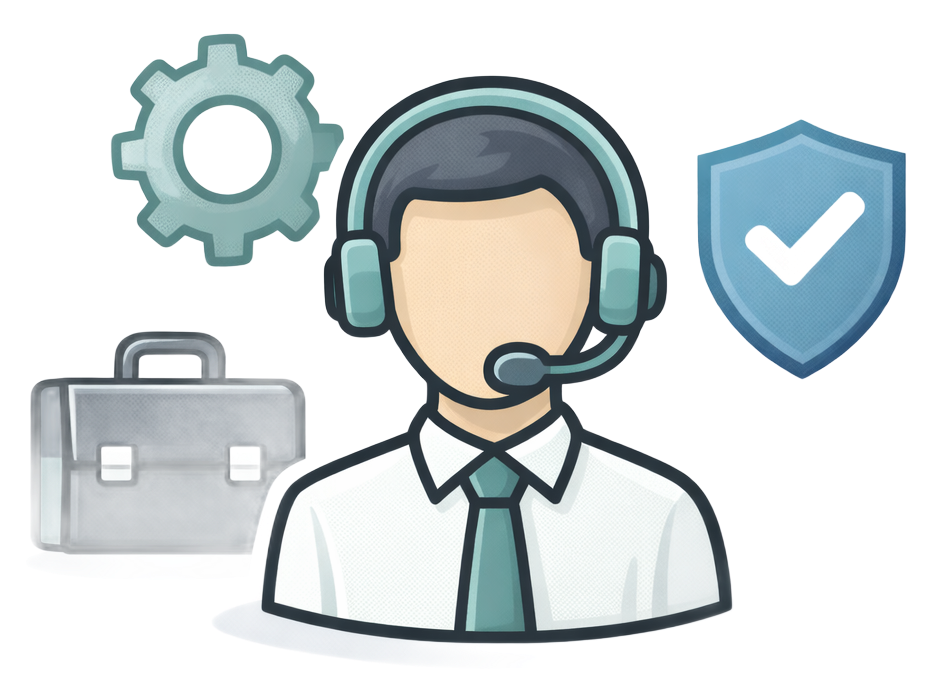 Support person with headset, briefcase, gear icon, and shield with checkmark.