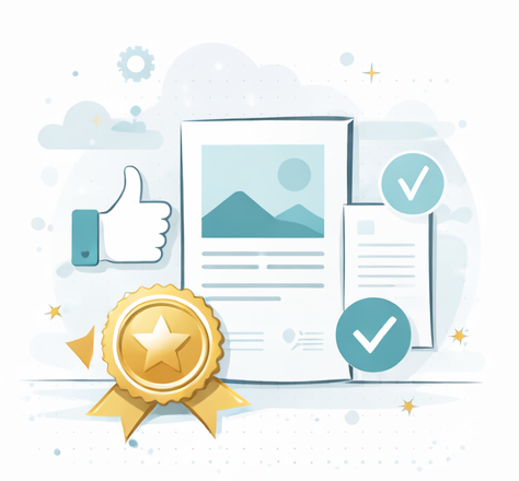 Medal, documents with checkmarks, thumbs up, and star, symbolizing quality and approval.