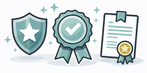 Shield, ribbon, and document icons represent certification and security.