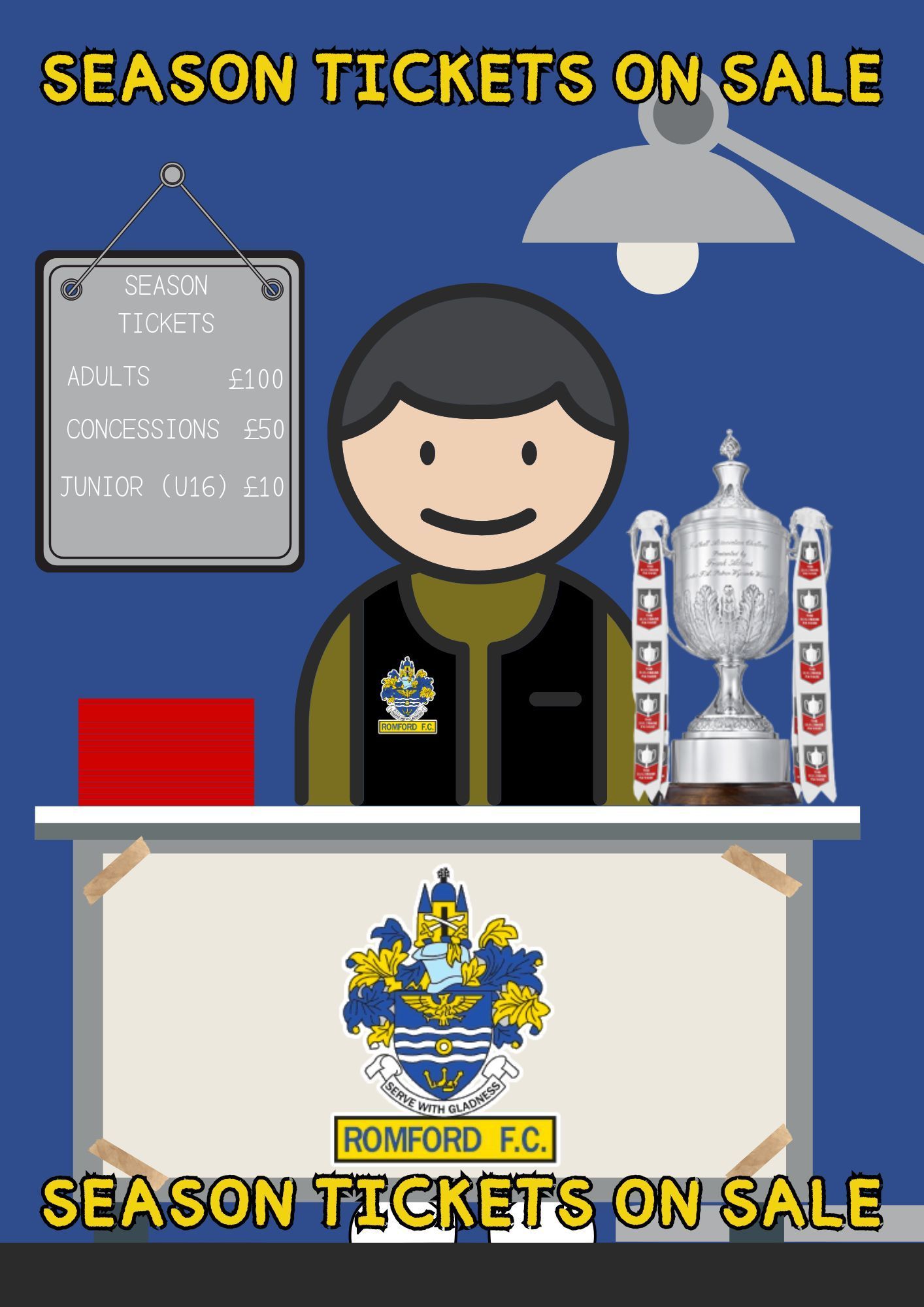 Season ticket sale poster: cartoon worker at a desk with a trophy, sign, and Romford F.C. logo.