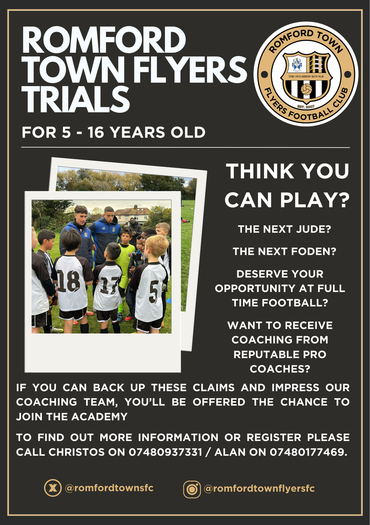 A poster for romford town flyers trials for 5 to 16 years old.