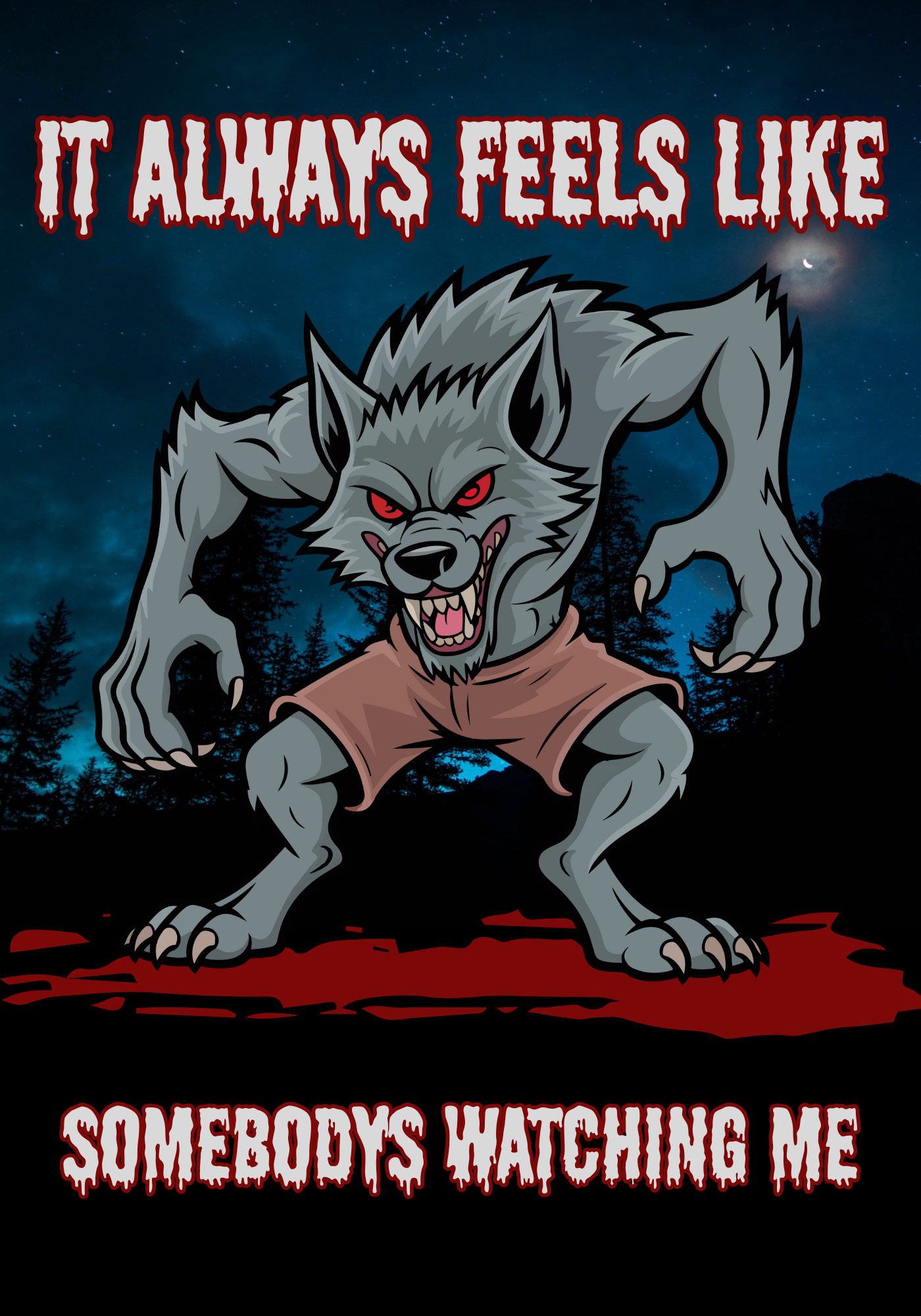Werewolf with red eyes, menacing expression, in shorts, under night sky.