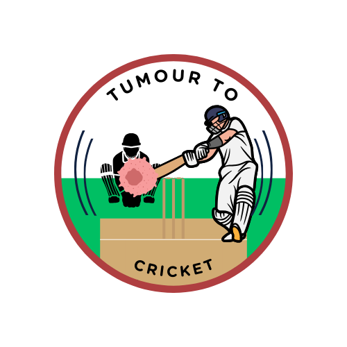 Cricket logo: A batsman hitting a ball (tumor) past a catcher. Text:
