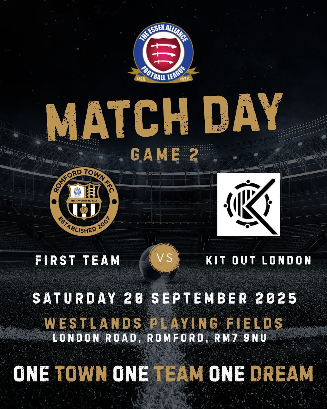 Match day poster: Romford Town F.C. vs Kit Out London, Saturday, September 28, 2025 at Westlands Playing Fields, Romford.