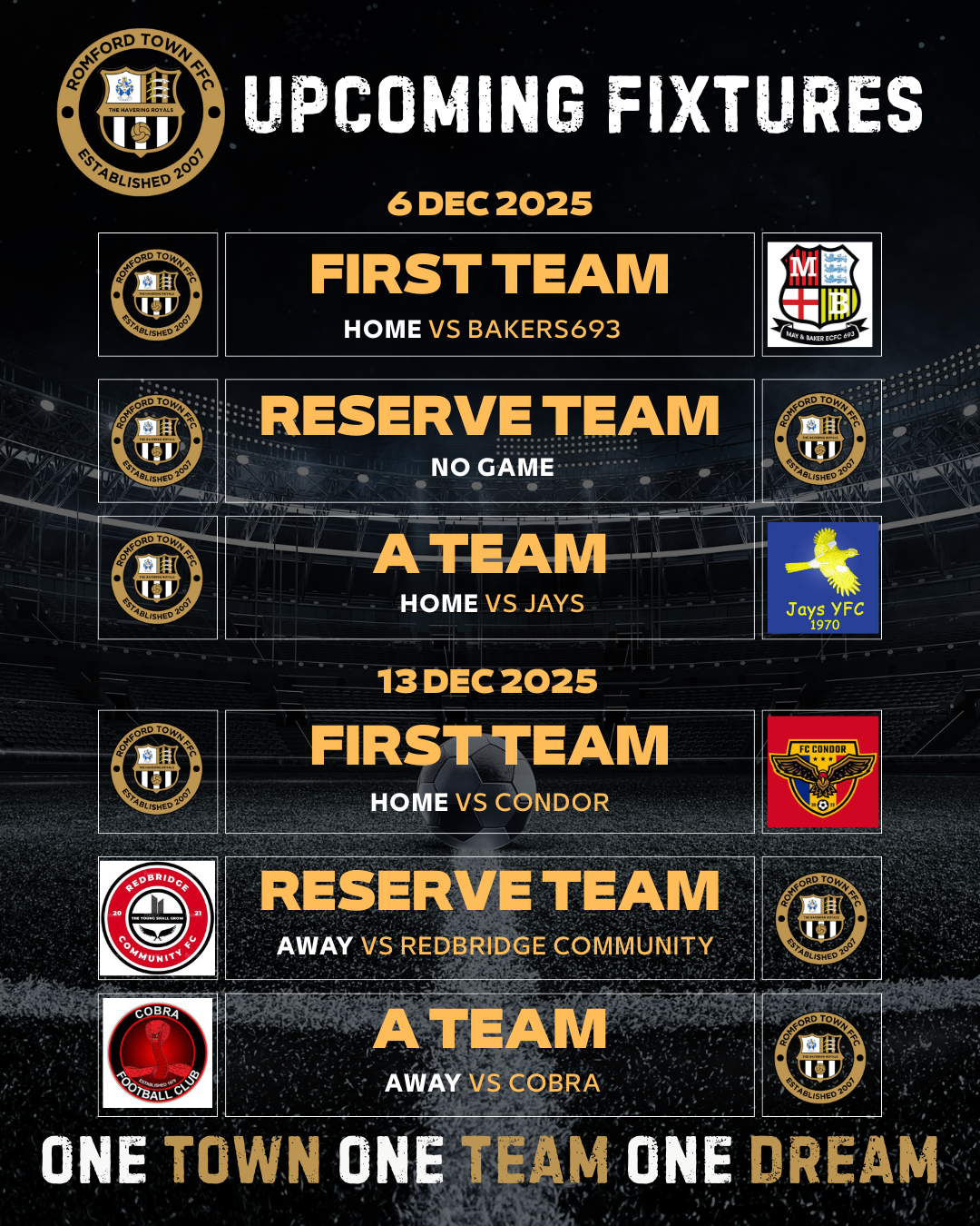 Upcoming football fixtures. Dates, team names, and logos are displayed for the First Team, Reserve Team, and A Team.