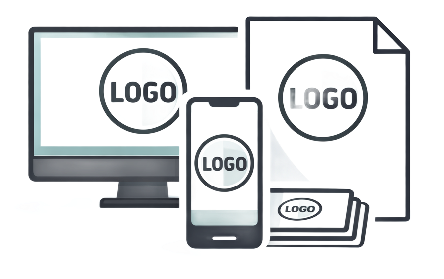 Digital devices and print materials showing a circular logo, text reads 