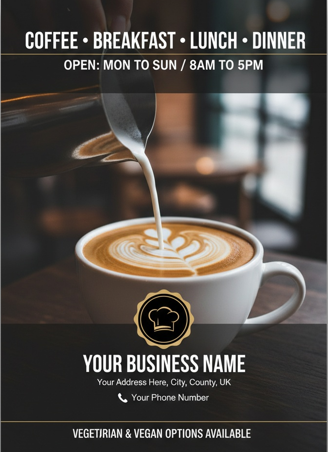 Poster for a restaurant featuring coffee being poured into a cup, with text promoting coffee, breakfast, lunch, dinner.
