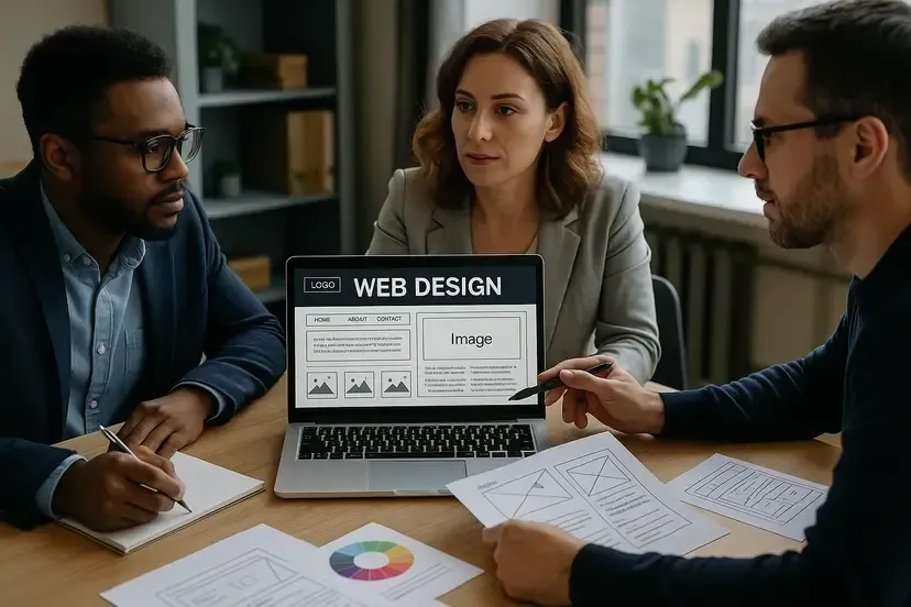 Three people reviewing web design mockups on a laptop and paper, discussing layout.