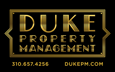 A black and gold logo for duke property management