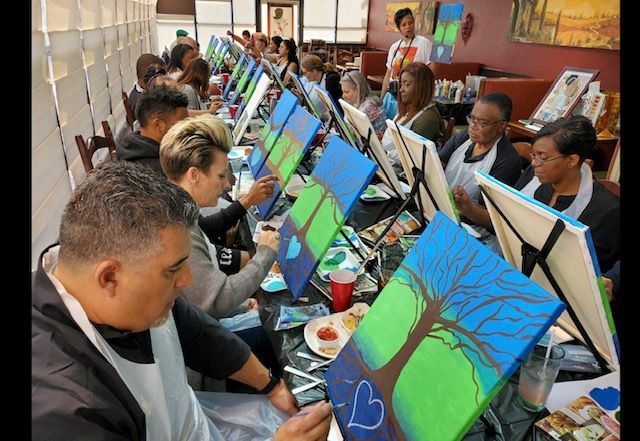 a group of people painting in a resturant