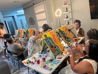 a man in a plaid shirt is painting on an easel