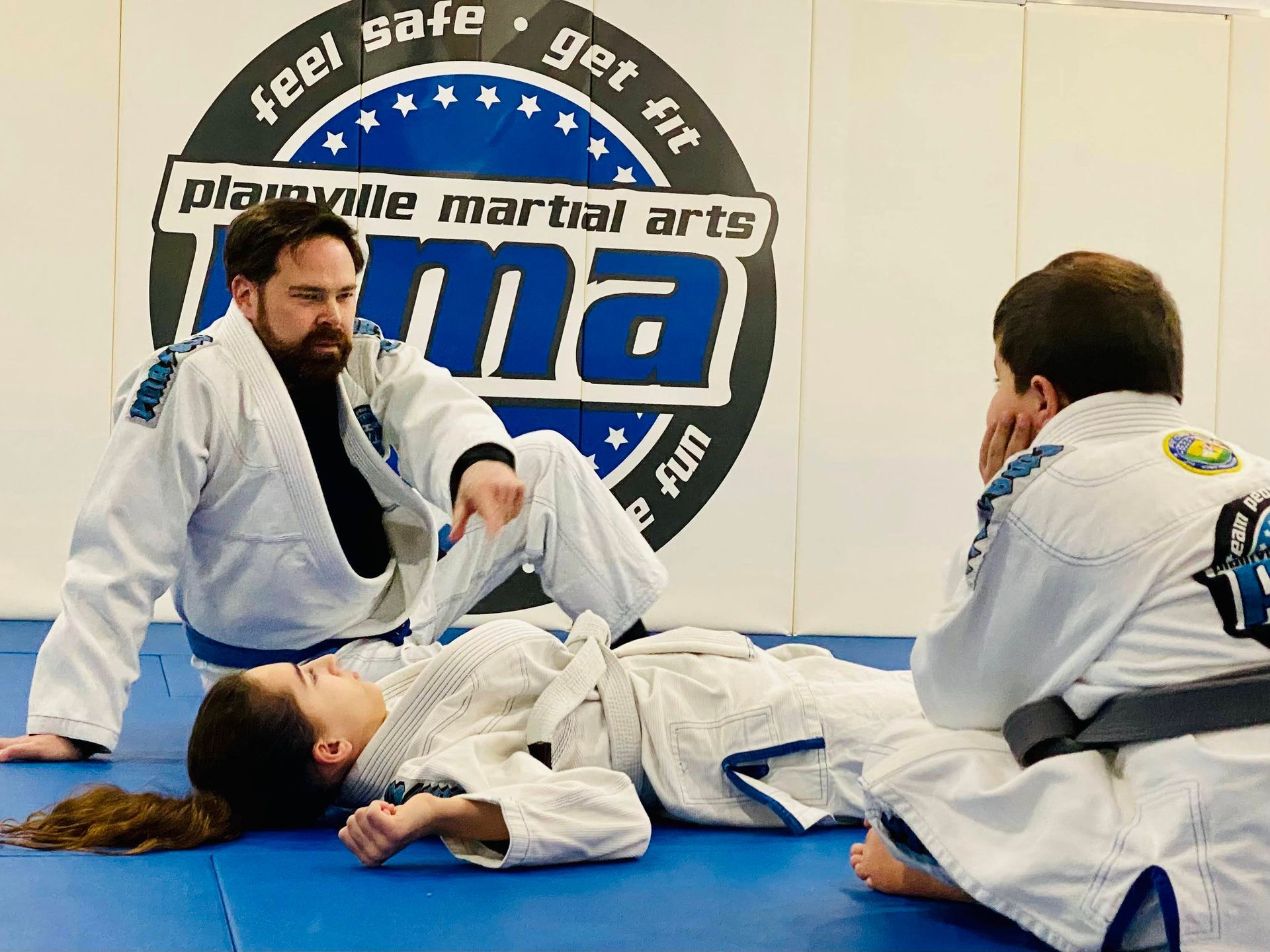 Beginner students practicing basic combinations at Plainville Martial Arts in Plainville, CT.