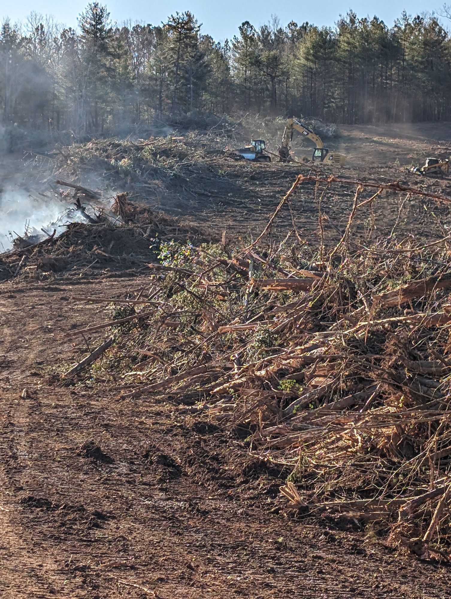 Burnt brush pile smoldering in a cleared field with trees in the background