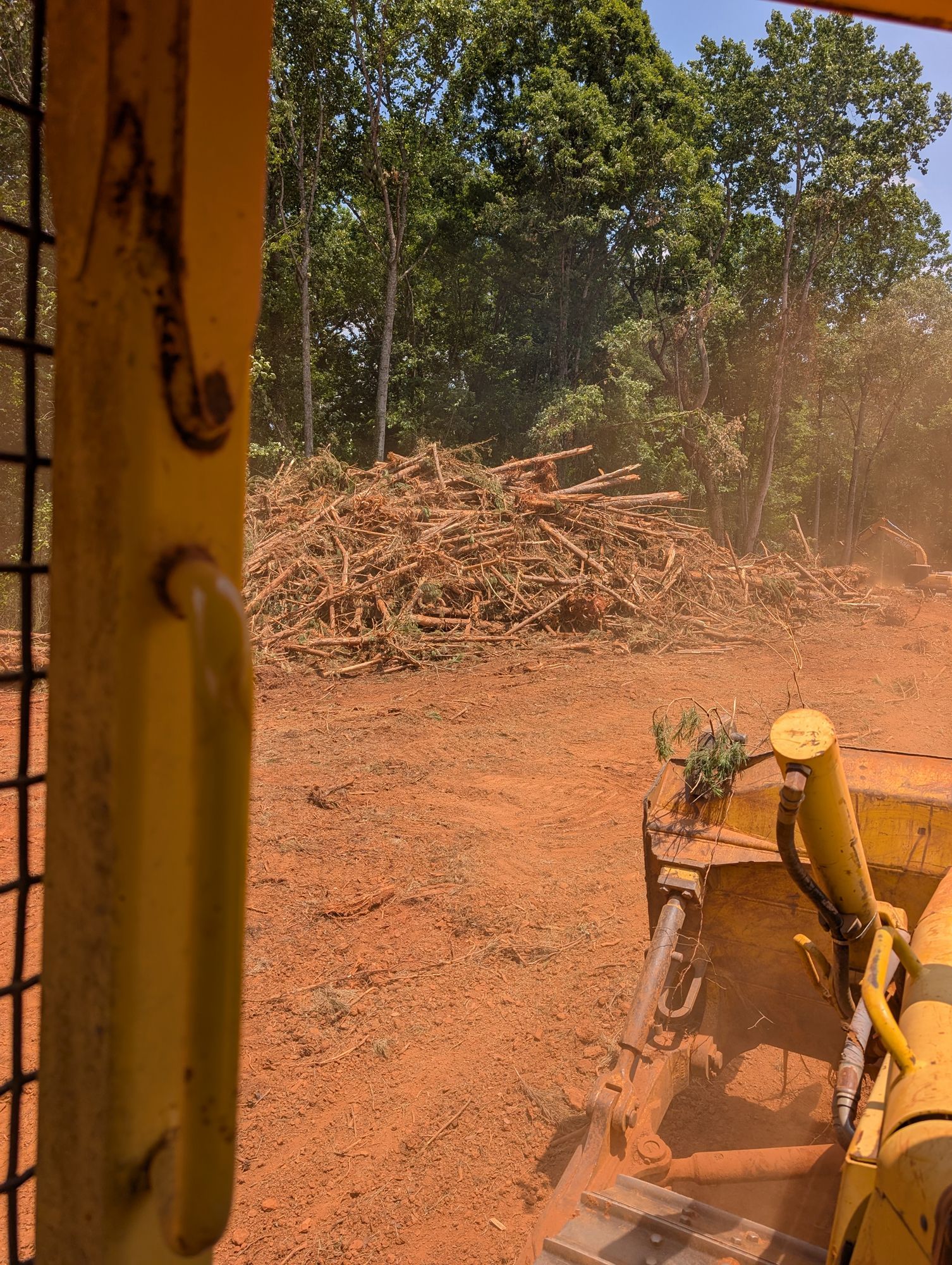 View from a yellow vehicle cab of a dusty roadside with a pile of branches and trees beyond