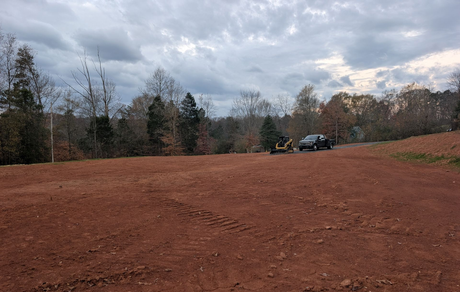 Dirt clearing beside a wooded edge under cloudy sky, with a parked truck near the trees