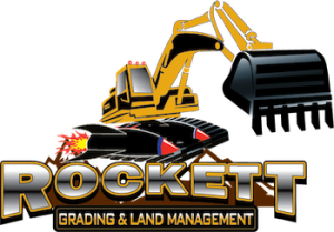Rockett Grading & Land Management logo with a yellow excavator and black claw over bold metallic text.