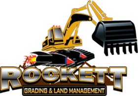 Rockett Grading & Land Management logo with a yellow excavator and black claw over bold metallic text.
