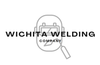 The logo for wichita welding company shows a welding helmet and a magnifying glass.