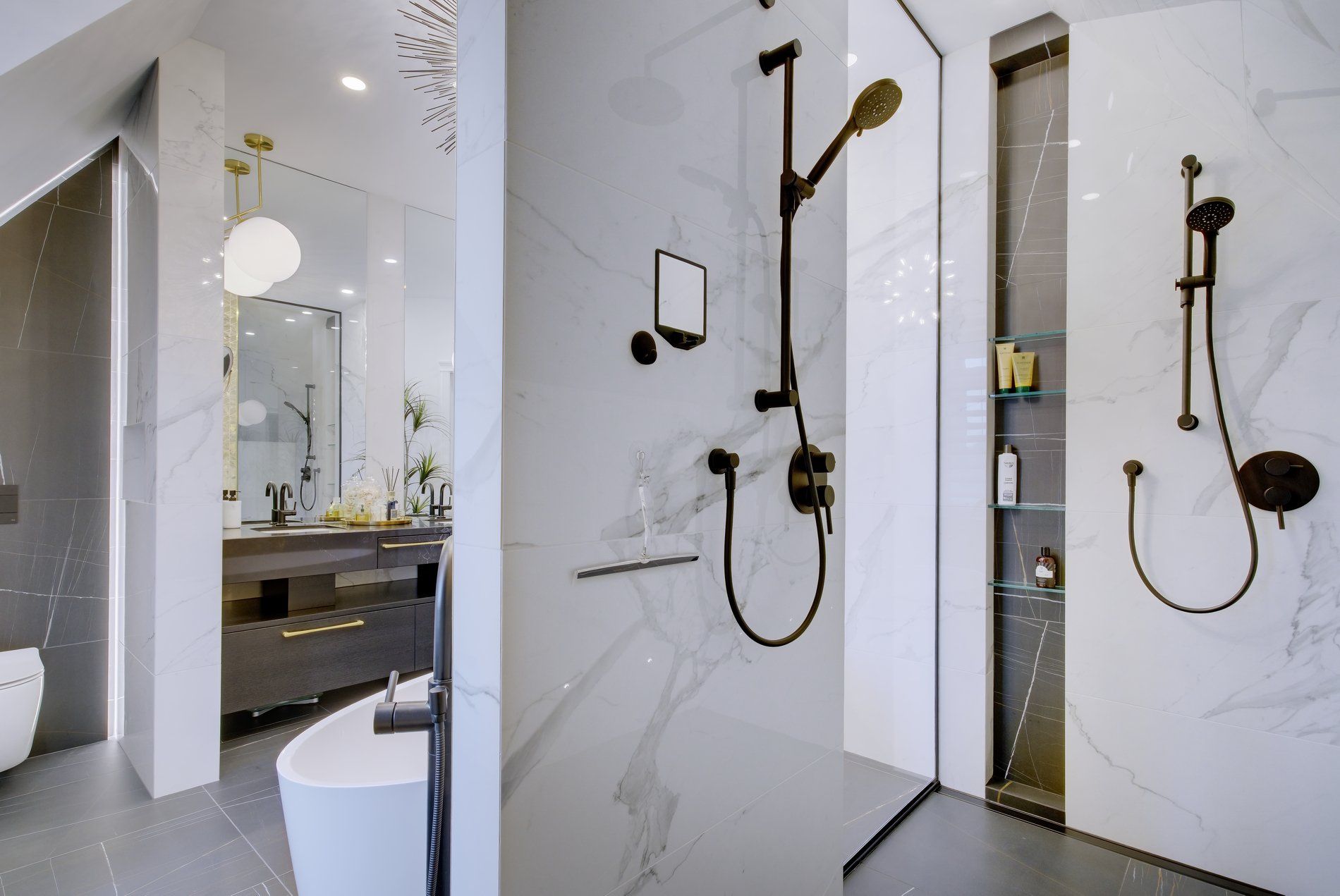 A bathroom with a toilet , sink , and shower.