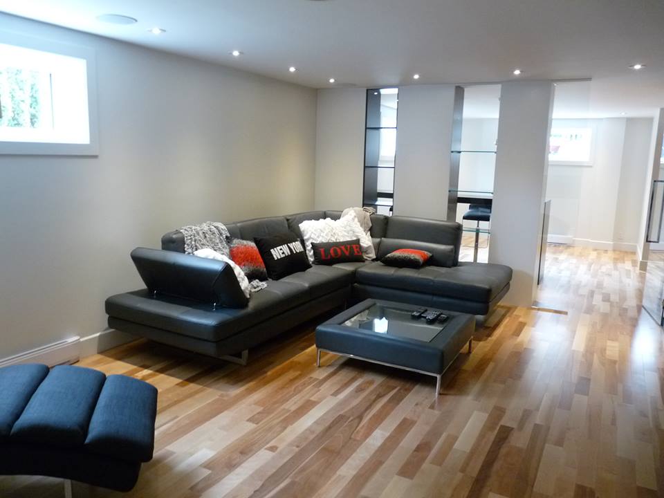 basement with wood floors and black corner sitter sofa