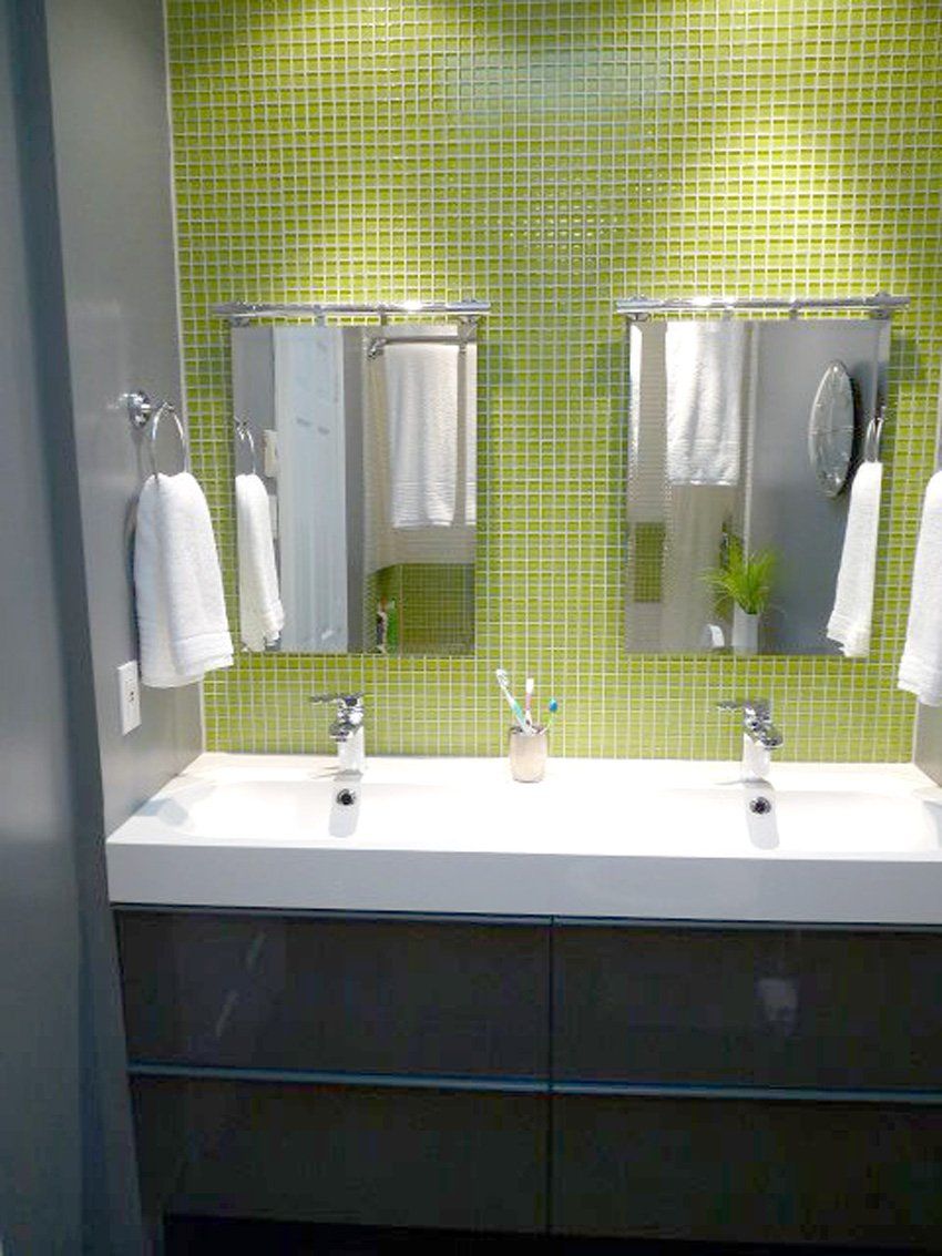 bathroom with lime green tile backsplash