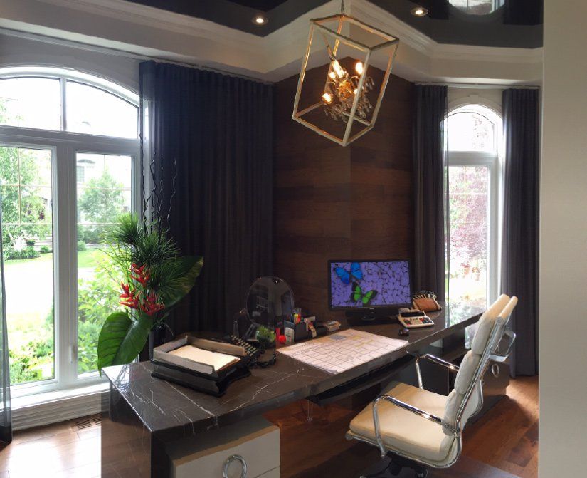 home office with dark brown desk