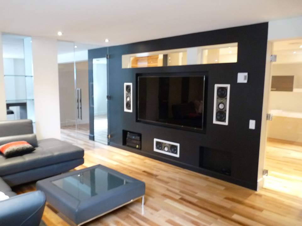 home theatre with black wood siding